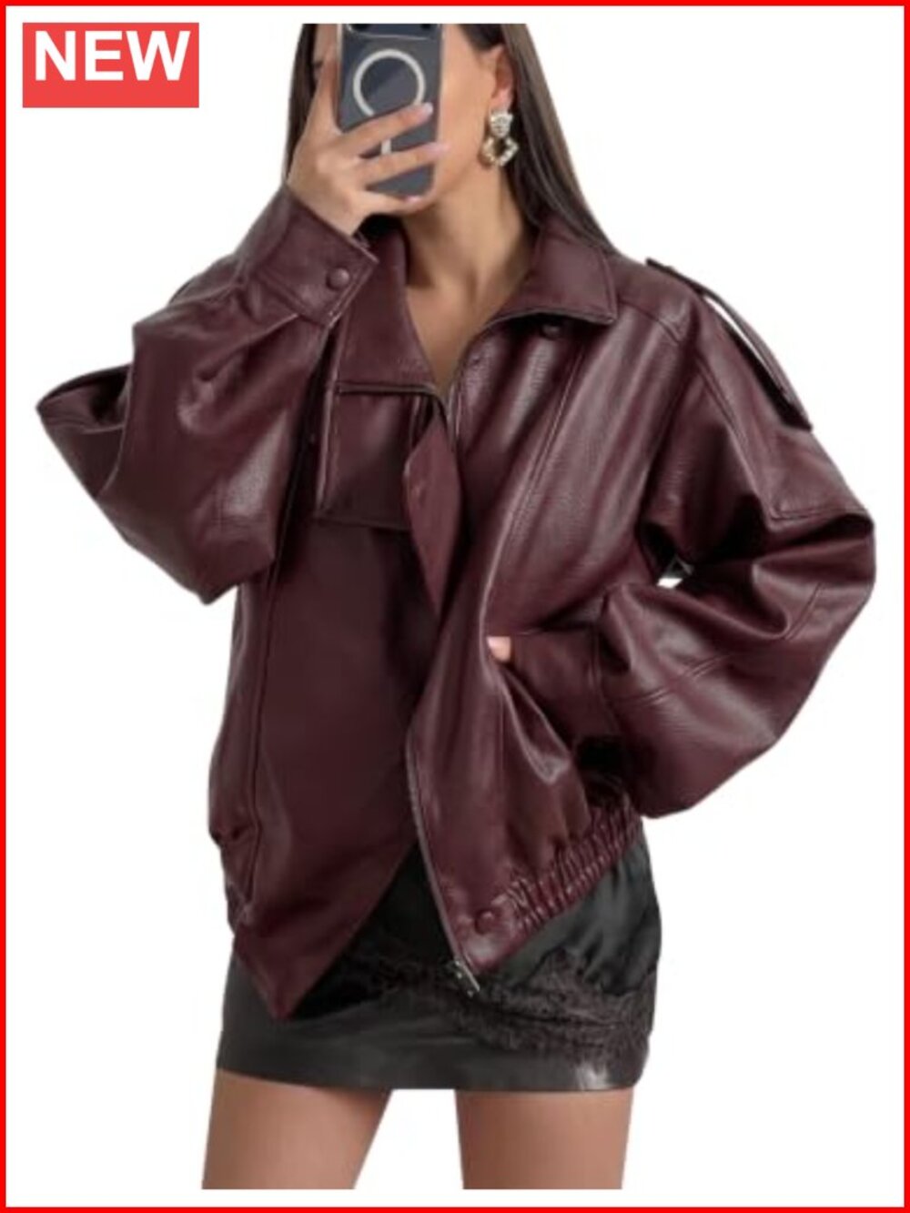Oversized Faux Leather Jacket Funnel Neck Bomber Zip Coat